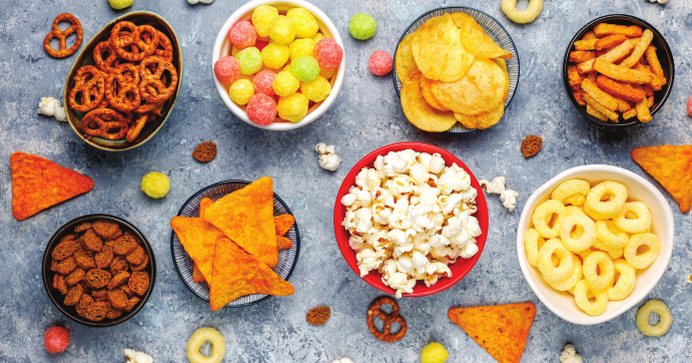 Bowls of chips, extruded snacks, popcorn and namkeen